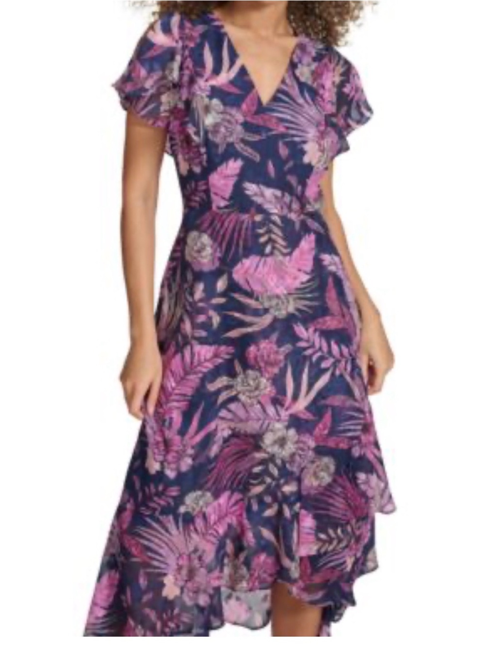 Harper Rose Women's Floral V-Neck Midi flutter sleeve Dress in Navy and Pink